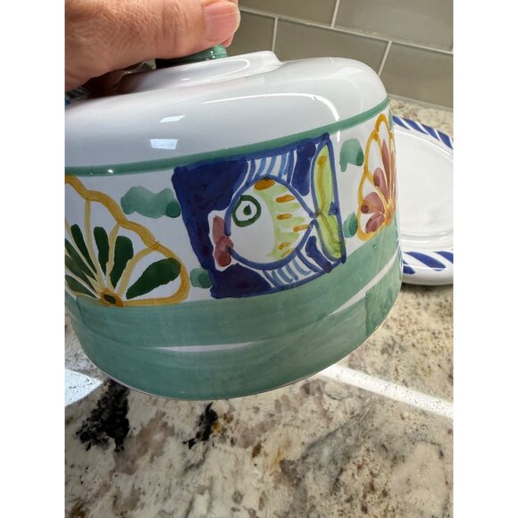 Signed Mexican Talavera Hand-Painted Cheese Butter Dish Lid Plate Table Top Read - Picture 9 of 14